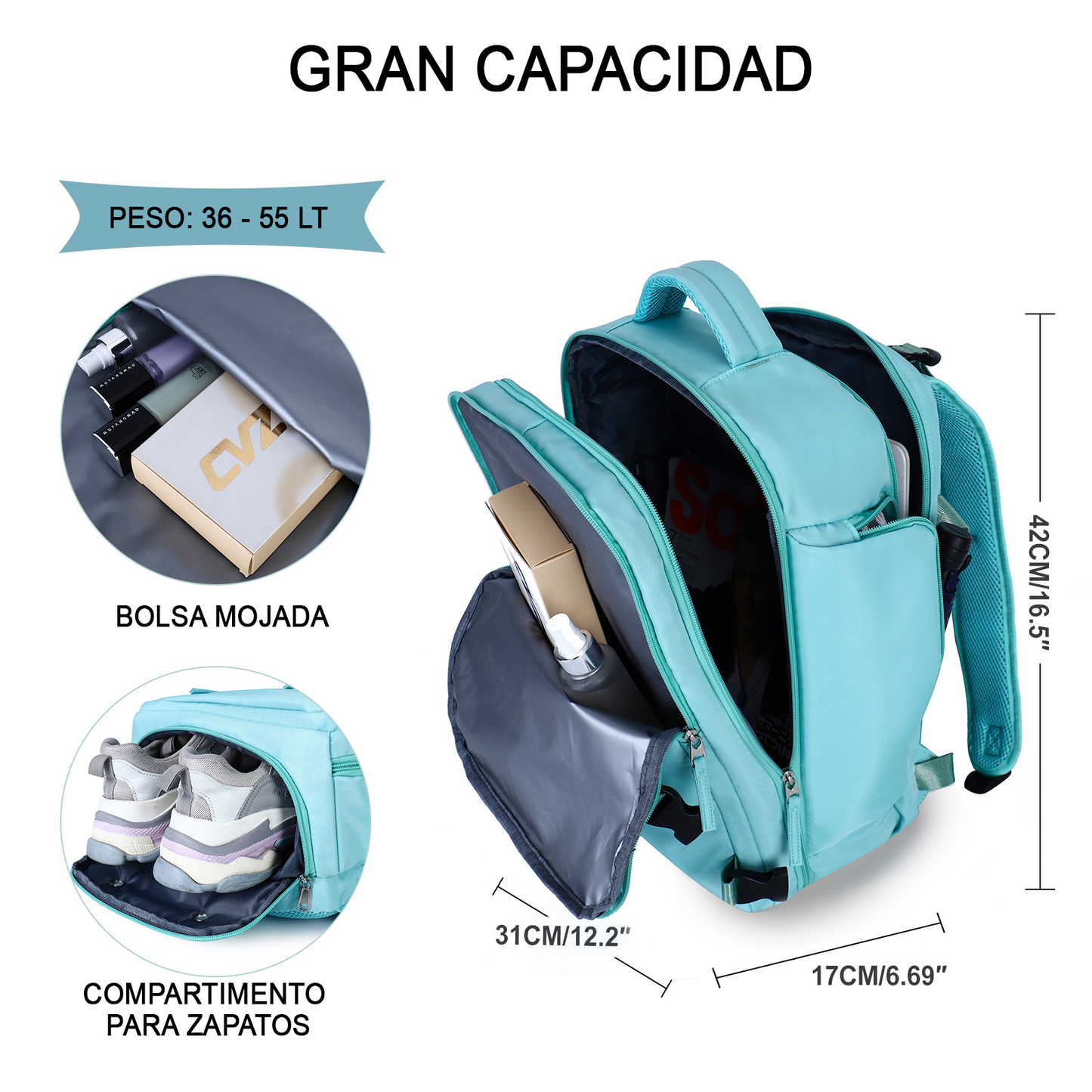 Mochila de viaje de ocio con compartimento para zapatos y bolsa de equipaje  para estudiantes con bolsillo húmedo